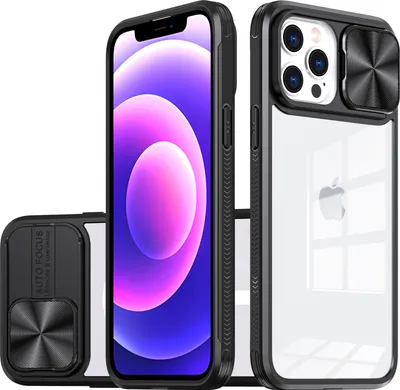 Immagine prodotto di Custodia per iPhone 12 / iPhone 12 Pro Custodia ibrida trasparente in TPU con cover fotocamera scorrevole nera