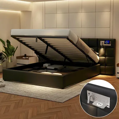Image de MODFU Lit Coffre Double 180x200 avec LED et USB Sans Fil, Lit Capitonné Moderne enPolyuréthaneavec Coffre de Rangement, Sans Matelas - Noir