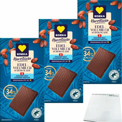 Produktbild von Edeka Herzstücke Edelvollmilch Schokolade 3er Pack (3x100g Tafel) + usy Block