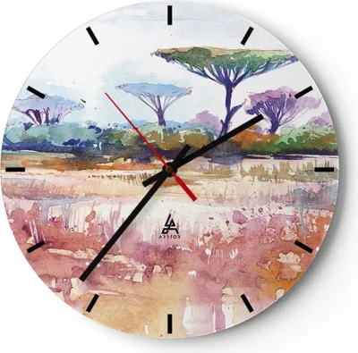 Produktbild von Wanduhr - Rund - Glasuhr - Aquarell Savanne Bäume - 30x30cm - Schleichendes Uhrwerk - Lautlos - zum Aufhängen bereit - Dekoration Modern - Wanddekoration aus Glas - C3AR30x30-4484