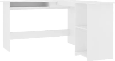 A white L-shaped desk with shelves is shown against a white background.