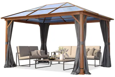 Produktbild von Gartenpavillon 3x4 m Holzoptik, ca 8 mm Polycarbonat-Dach, 4 Seitenteile in grau