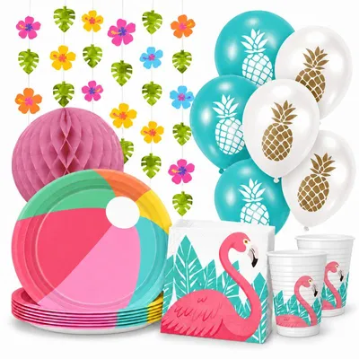 Produktbild von Sommerparty Deko Set für 8 Personen mit Beachball-Tellern, Flamingo-Servietten und Ananas-Ballons