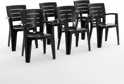 Image de lot de 6 chaises en polypropylène monobloc, empilables avec accoudoirs, résistantes à l'eau, effet bois pour jardin, terrasse, restaurant, bar, faciles à nettoyer - Anita - Anthracite