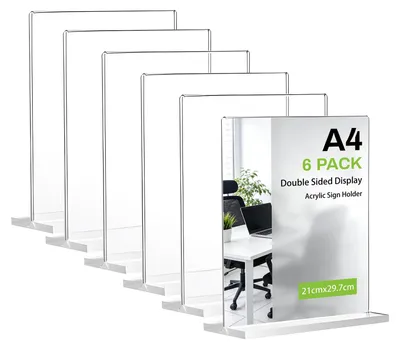 Immagine prodotto di 6 supporti da tavolo formato A4, espositori a "T" in vetro trasparente, ideali per pubblicità e menu