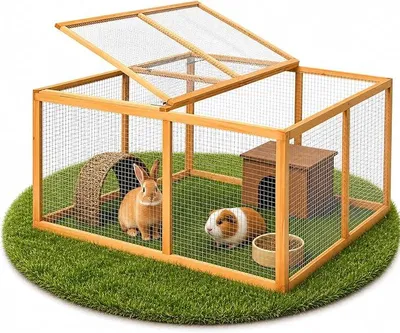 Productafbeelding van Ren 120 x 120 x 59 cm. Dierenren, houten ren, hok voor kleine dieren met inklapbare afdekking. Ren, vrijloopkooi, hok voor konijnen, hok voor knaagdieren