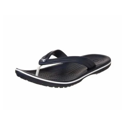 A single navy blue Crocs flip-flop is shown against a white background.