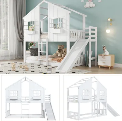 Produktbild von okwish Etagenbett 90x200cm, Kinderbett Mit Kinderrutsche, Mit Dach und Fenster, mit Fallschutzgitter, mit dreistufiger Leiter, Kiefer+MDF,ohne Matratze, Weiß