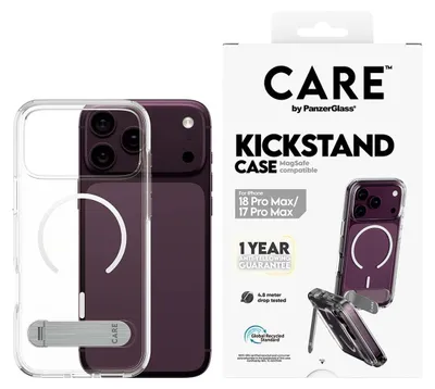 Image de Étui PanzerGlass CARE™ avec support intégré, transparent, compatible avec iPhone 18 Pro Max et iPhone 17 Pro Max. Compatible avec MagSafe. Marque : Apple. Type : Coque transparente