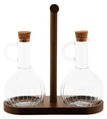 Produktbild von Elegantes Öl- & Essigspender Set mit Holzständer - 320 ml in Relief-Design