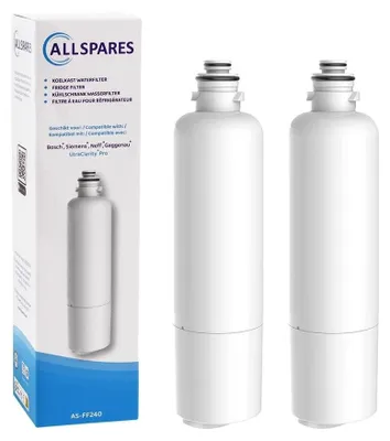 A product shot of two refrigerator water filters and their packaging.