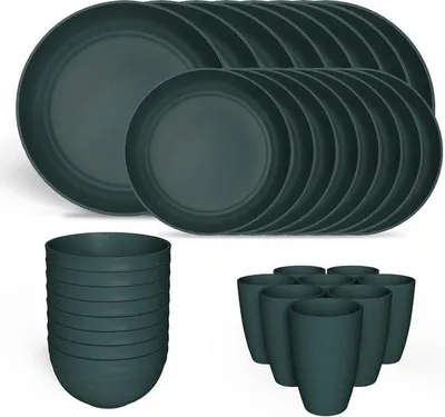 Produktbild von Famanu Plastikteller- und Schalen-Set für 8 Personen - Dunkelgrün, 32-teilig