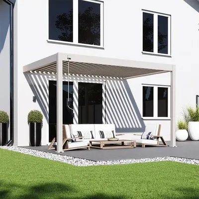 Immagine prodotto di Pergola da parete Weide Deluxe interamente in alluminio 3x4 m con tetto a lamelle color Ivory Sand