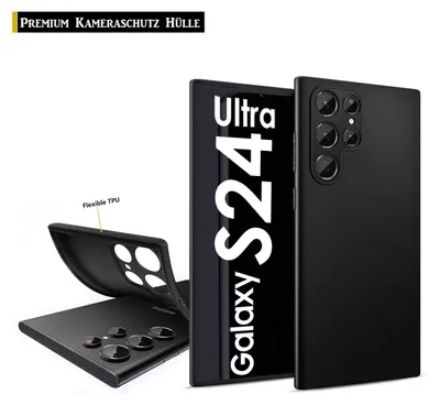 A black phone case is shown with a phone inside it, displaying the product name.