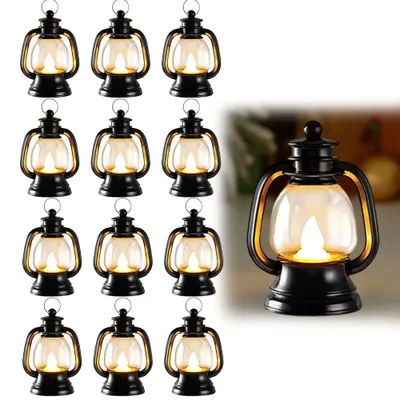12 Mini-Laternen mit LED-Kerzen, schwarz, Hängedeko