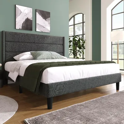 Obrázok produktu pre Postel s čalúneným čelom, rozmery 140x200 cm, s roštom, poťah z ľanu, tmavošedá farba, moderná posteľ pre mládež do spálne