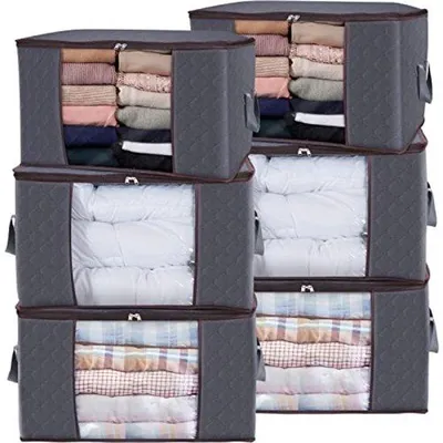 Produktbild von Famanu Aufbewahrungstasche 90L - 6 Stück, faltbare Box für Bettdecken, Decken und Kleidung, grau