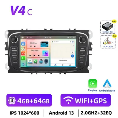 Obrázok produktu pre Autorádio s Androidom pre Ford Focus 2012 – multimediálny prehrávač 2-DIN – Android 13 – dotykový displej 17,8 cm (1024×600) – 4 GB RAM + 64 GB ROM – procesor 2,0 GHz – GPS navigácia a RDS – čierna farba