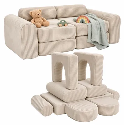 Obrázok produktu pre Relaxdays, detská sedačka, modulárna, 10-dielna, mäkké stavebné kocky, detská sedačka, materiál: Cord, rozmery (výška x šírka x hĺbka): 32 x 108 x 50 cm, sedačka na hranie, farba: béžová, Obrázok generovaný UI