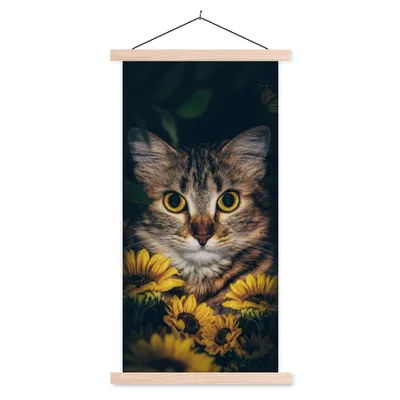 Produktbild von MuchoWow® Textilposter Katze - Gelb - Blumen - Botanisch 60x120 cm mit holzfarbenen Rahmen - Holz