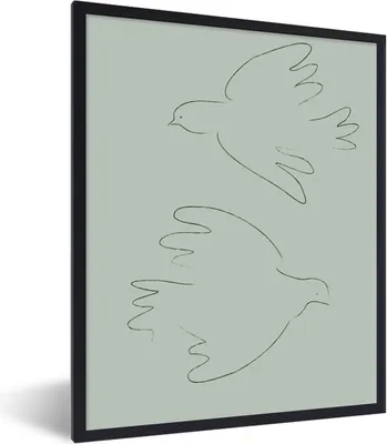 Produktbild von MuchoWow® Gerahmtes Poster Tauben - Vögel - Grün - Tiere - Strichzeichnung 60x80 cm - Poster mit Schwarzem Bilderrahmen Wandposter Rahmen Foto Bilder - Premium - Wanddeko Wohnzimmer