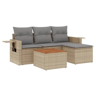 Produktbild von Modulares Garten-Sofa Set, 5-teilig, mit Stauraum, wasserabweisendem Beutel, PE-Rattan, Akazienholz-Tischplatte, Beige, Hellgraue Kissen