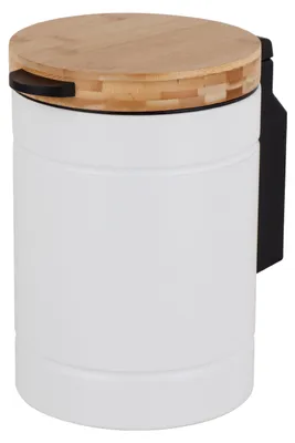 Obrázok produktu pre Relaxdays Kozmetický koš na montáž na stenu, 3 l, automatické spúšťanie, vnútorný košík, kovový, okrúhly kúpeľňový koš, biely/prírodný