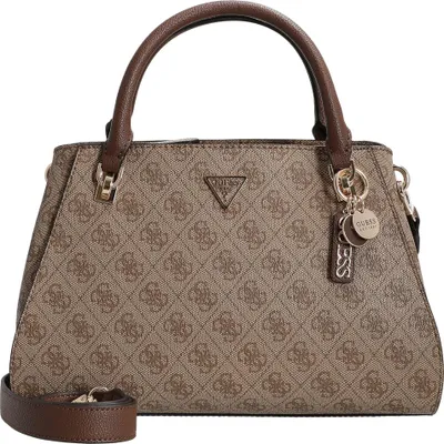 A studio shot of a beige Guess handbag with brown handles and strap.
