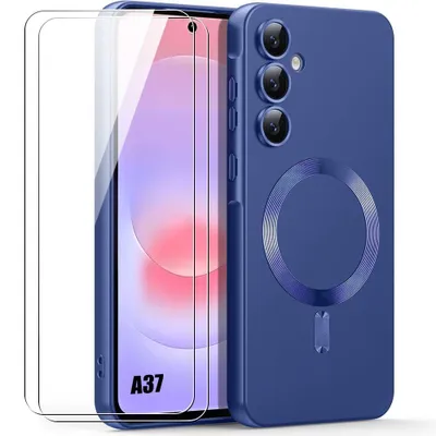 Image de Coque + 2 Verres Trempés pour Samsung Galaxy A37 5G, Silicone avec Magnétique - Bleu Marine