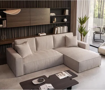 Produktbild von Ecksofa Parys L-form Polsterecke mit Cord-Bezug mit Schlaffunktion und Bettkasten 290 cm Sofa l-förmig, Farbe: Cappucino, Poso 02