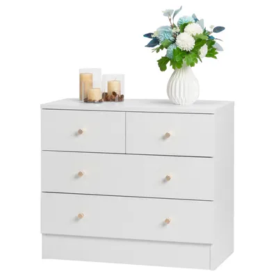 A white dresser with decorative items on top, presented against a white background.