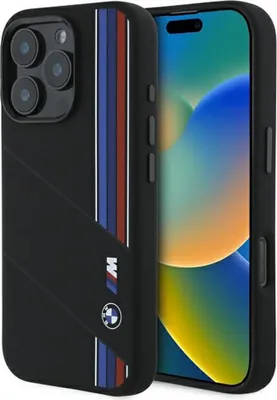 Produktbild von BMW Handyhülle für iPhone 16 Pro 6.3 Zoll, Silikon, Schwarz, MagSafe kompatibel, kabelloses Laden, Tricolor Lines, BMHMP16L23SCUK