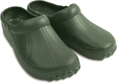 A pair of green clogs on a white background.