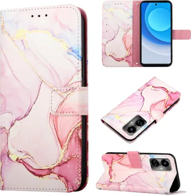 Produktbild von Tecno Camon 19 Hülle, Marmor Motiv Kunstleder Tasche Wallet Kartenfächer mit Standfunktion Klapp Schutzhülle für Tecno Camon 19 Pink Weiß