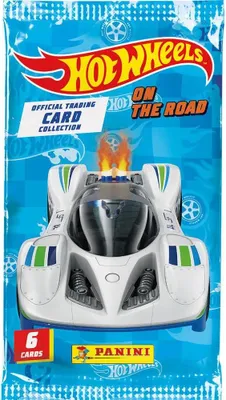 A Hot Wheels trading card collection pack with a race car on it.