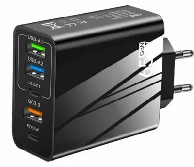 Immagine prodotto di Alimentatore, ricarica rapida da 65W, 5 porte, 3 x USB, 2 x Type-C, compatibile universalmente con iPhone, Huawei, Samsung, Xiaomi, colore nero