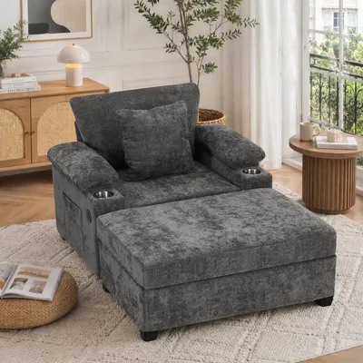 Produktbild von Chenille Liegestuhl mit Getränkehalter und USB Dunkelgrau Sessel Relaxsessel