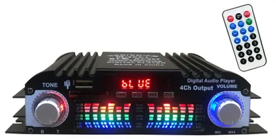 Zdjęcie produktu dla 4-kanałowy wzmacniacz mocy audio BT 5.0 do samochodu, amplituner kina domowego i stereo, 12 V, z radiem FM, wejściami USB/karta SD/AUX oraz wyświetlaczem LCD