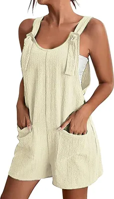 Image de ASKSA Jumpsuit Femme Eté sans manches Salopette courte Playsuit Baggy avec poches Short d'été, Abricot, 4XL