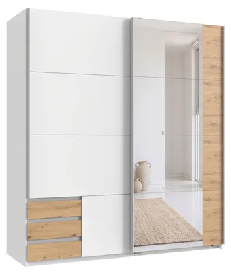 Productafbeelding van Schuifdeurenkast, 2 deuren. Garderobekast, 179 cm hoog, wit. Met lades, eikenhout en spiegel / 22704
