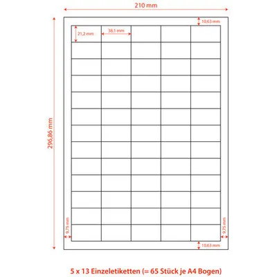 Produktbild von 65000x Etiketten Labels selbstklebend weiß 38 x 21.2mm auf DIN A4
