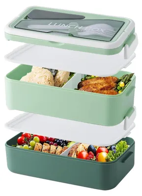 Produktbild von Bento Box für Erwachsene Auslaufsicher Lunchbox mit Fächern, 2 Levels 1600ml Große Nachhaltige Brotdose für unterwegs, Meal Prep Box BPA-frei & Spülmaschinenfest (Grün), Meal Prep, Arbeit & Reisen