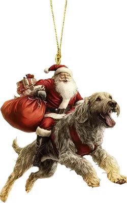 Produktbild von Weihnachtsschmuck mit Weihnachtsmann und Hund, lustiger Weihnachtsmann auf einem Welpen, 2D-Acryl-Tier-Weihnachtsdekoration zum Aufhängen für Hundeliebhaber