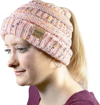 Produktbild von Strick Winter Beanie - Pferdeschwanz Mütze - mit Zopf Loch - Rosa Gesprenkelt