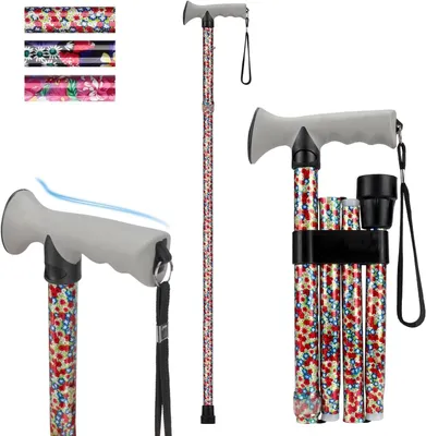 Image de Béquille pliable - Béquille réglable - Aide à la marche - Aluminium léger - 85-95 cm - Motifs floraux blancs