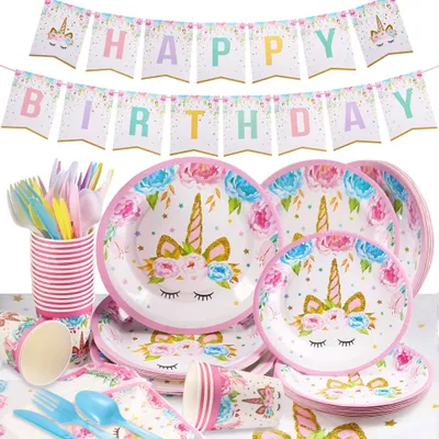 Produktbild von Geburtstagsparty-Set, Einhorn-Party-Set, 114-teilig, Einweg-Rosa, geeignet für 16 Kinder-Geburtstagsgeschenke, Kindergeburtstage, Party-Dekorationen,