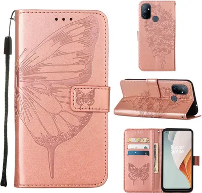 A collage of images showing a rose gold butterfly embossed flip leather phone case for a OnePlus Nord N100.