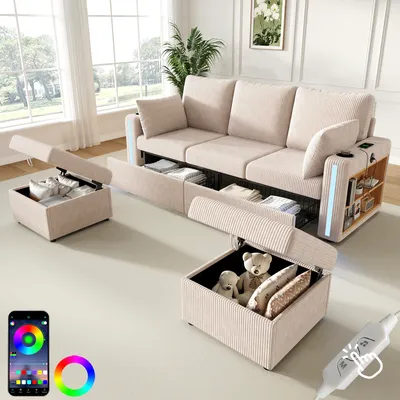 Produktbild von Merax Modulares U-L Sofa, 5-Sitzer Ecksofa mit 2 Stauraum-Hockern, LED Ambientebeleuchtung, USB/Type-C, Cord Soffa mit 3 Schubladen, Couch, Beige