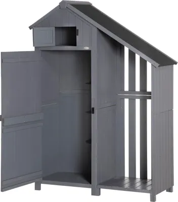 Produktbild von Gartenschrank, offenes Brennholzfach, verriegelbare Tür, wetterfest, Naturholz, 129 x 51,5 x 180cm, grau+schwarz