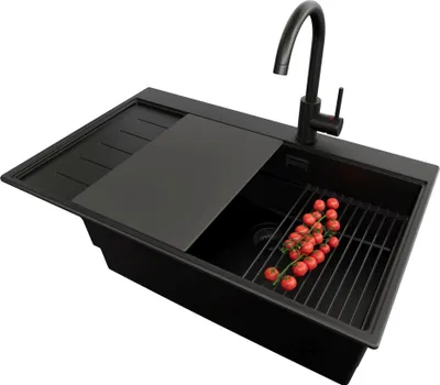 Produktbild von PRIMAGRAN Granitspüle Alles Schwarz 78x50cm, Spülbecken 1 Becken + Ablauf-Set + Küchenzubehörset, Küchenspüle ab 60er Unterschrank - Sydney